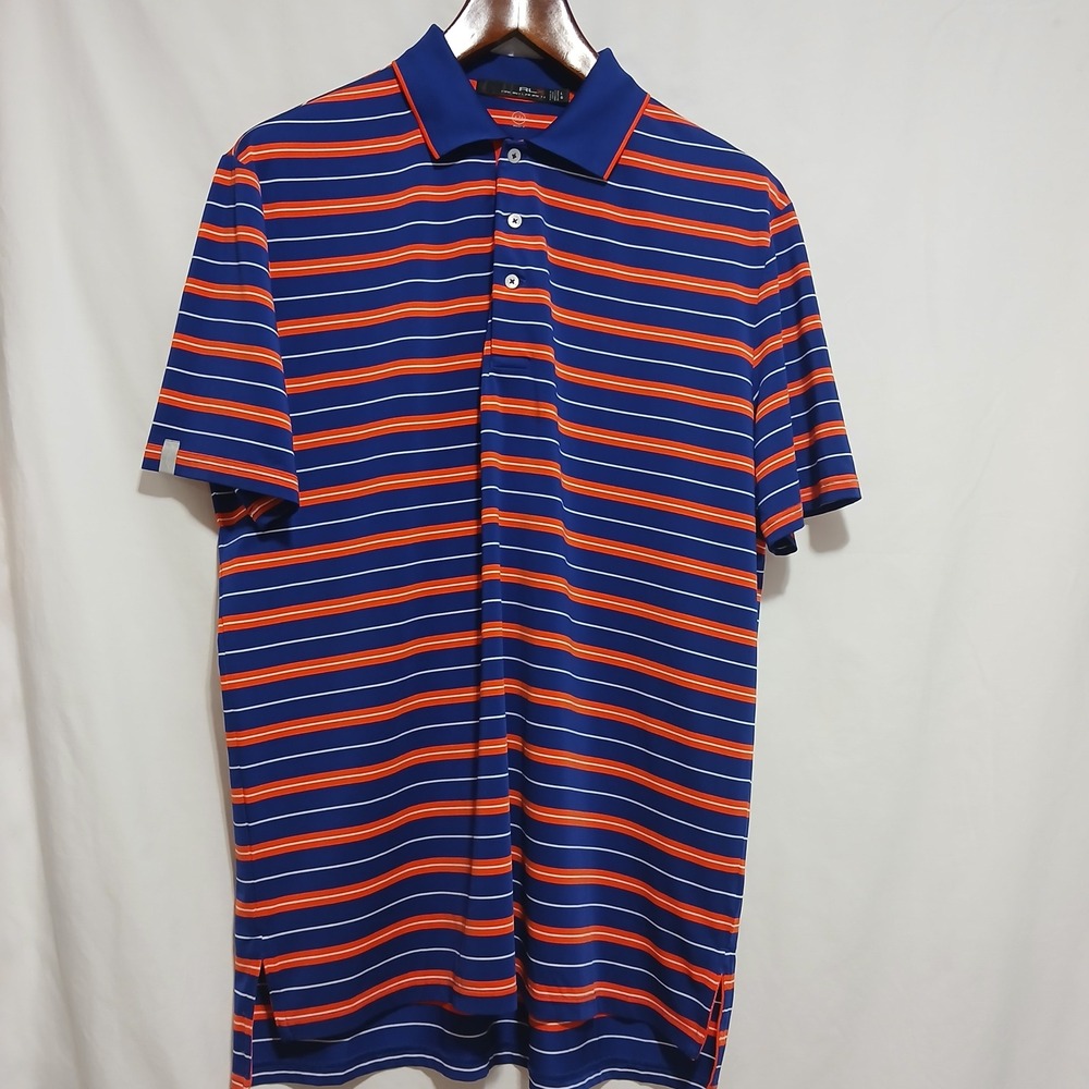 RLX Ralph Lauren Golf Polo Shirt Striped Performance Blue Orange‎ Large